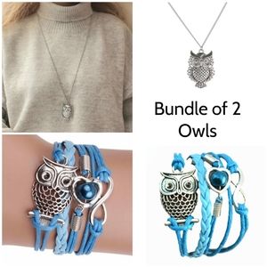 Owl Necklace & Charm Bracelet Turquise Blue Infinity Heart Pearl Silver Chain